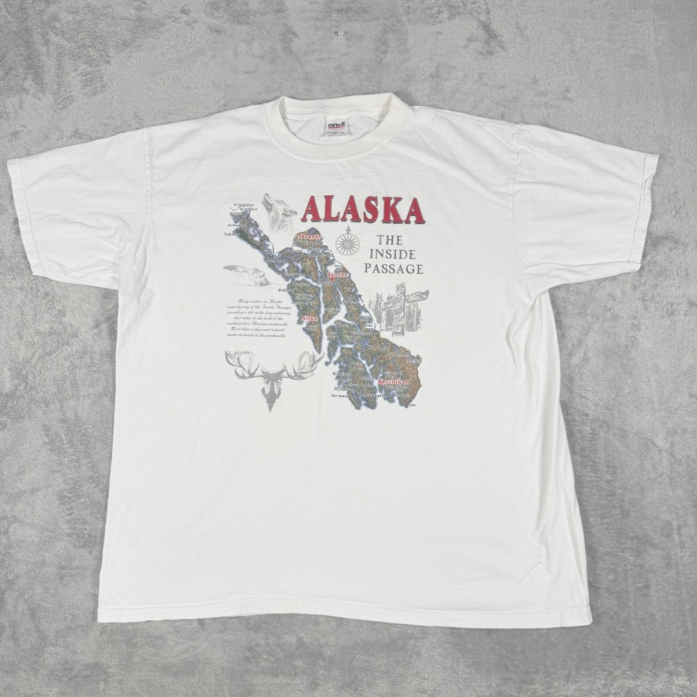 Vintage Anvil Mens XL T-Shirt White Alaska The Inside Passage Map Graphic
